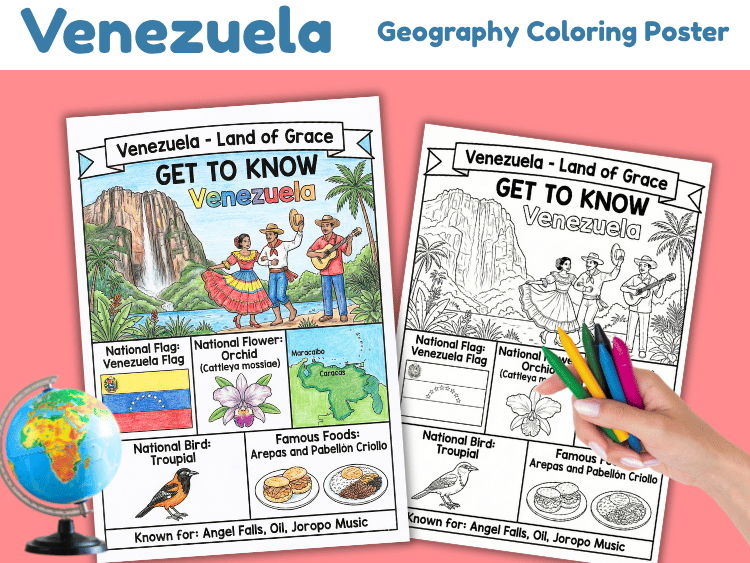 Venezuela Geography Coloring Poster | Country Facts Activity