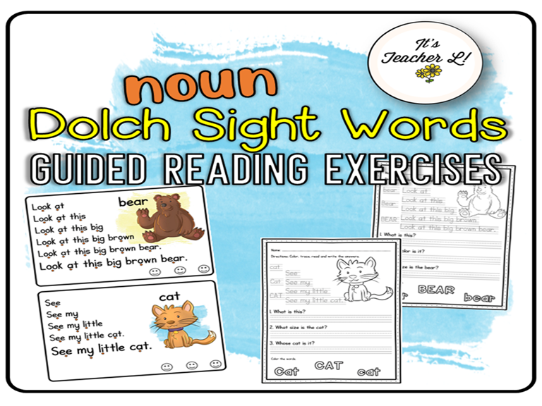 Guided Reading Noun Dolch Sight Words Practice Task Cards and Worksheets