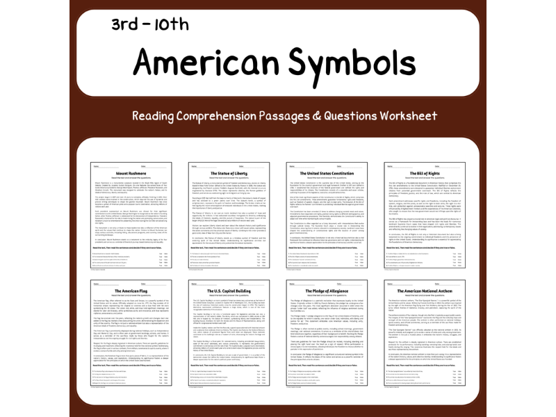 American Symbols: Reading Comprehension Passages & Questions Worksheets ...