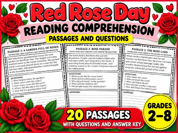 Red Rose Day Reading Comprehension Passages | 20 Worksheets with Questions and Answer Key