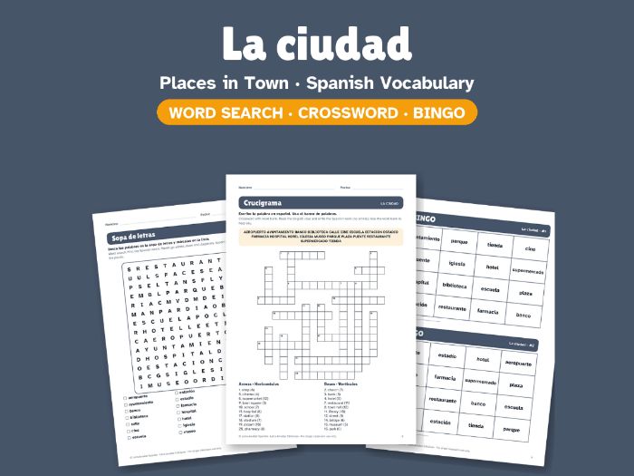 Places in Town in Spanish: Word Search, Crossword & Bingo