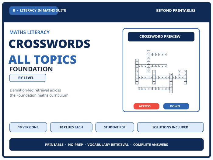 Foundation All Topics Maths Crosswords | 10 Vocabulary Puzzles with Solutions