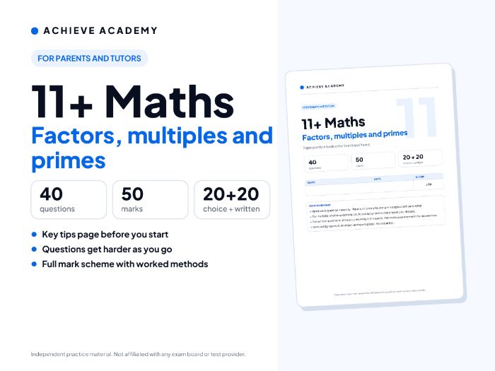 11+ Maths Topic Booklet: Factors, multiples and primes – Year 5/6 Practice with Mark Scheme