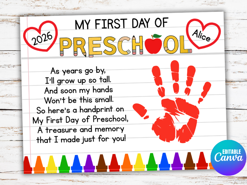 First Day of Preschool Prek Handprint Craft Poem Back to School Activity