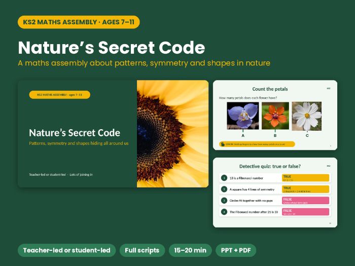 Nature’s Secret Code KS2 Maths Assembly – Fibonacci, symmetry and shapes, teacher or student-led