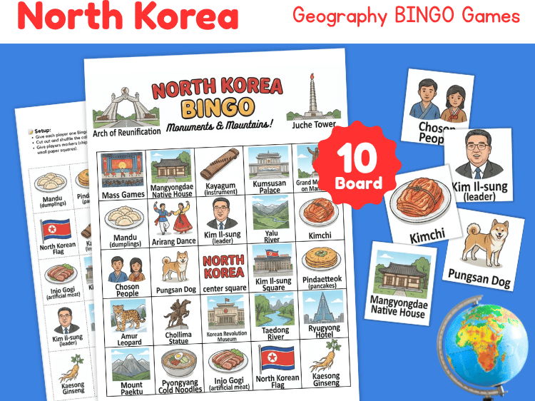 North Korea Geography Bingo Games | 10 Printable Boards