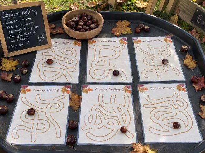 Conker Rolling Mazes | Autumn Fine Motor Activity | EYFS Tuff Tray & Continuous Provision