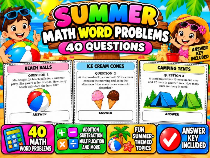 Summer Math Word Problems | 40 Questions & Answer Key