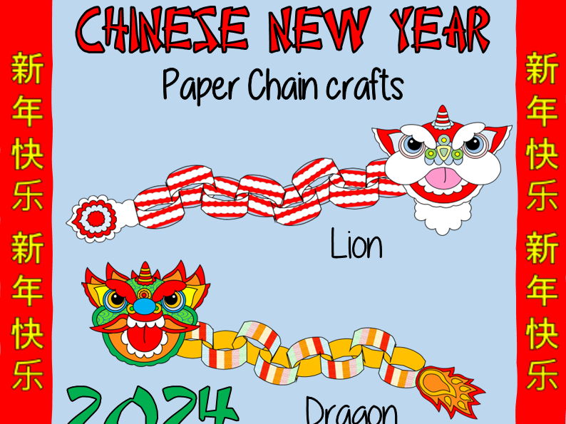 Chinese New Year 2024 Dragon & Lion Paper Chain puppet crafts
