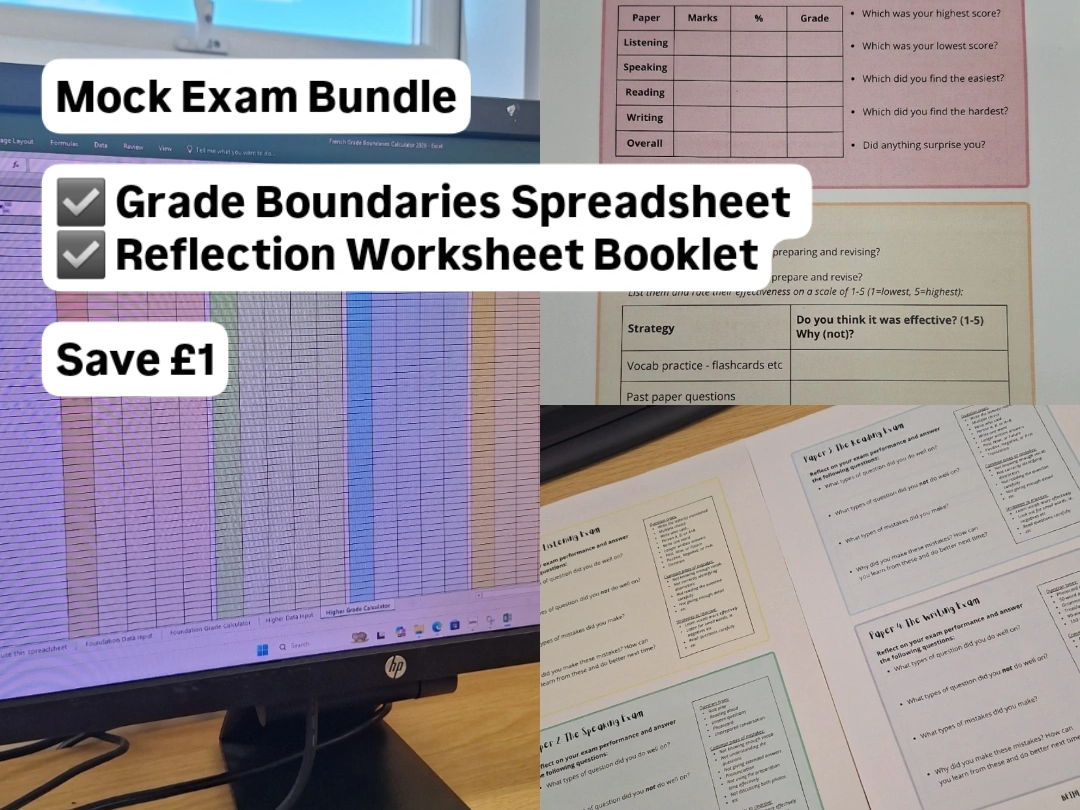 French Mock Exam Bundle - Grade Boundaries Spreadsheet and Reflection Worksheet Booklet Resource