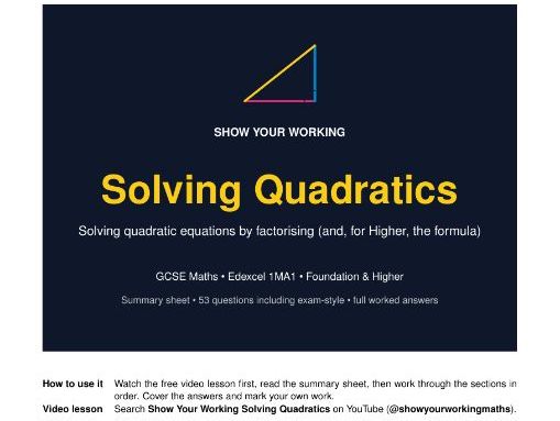 Solving Quadratics GCSE Maths Revision Pack | Edexcel | Full Worked Answers