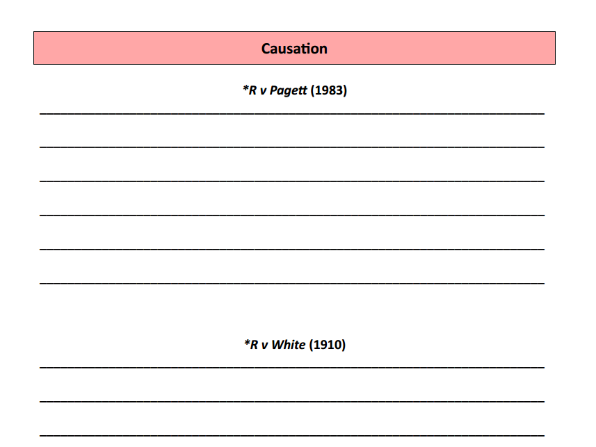 Actus reus and causation - cases and statutes worksheets (OCR A-level law)