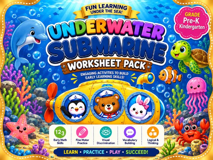 Underwater Submarine Worksheets | Preschool Math & Tracing Activities Pre-K Kindergarten  Descriptio