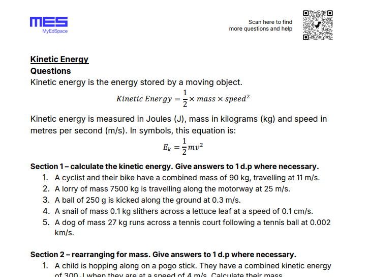 GCSE AQA Topic 1: Kinetic Energy HT Worksheet