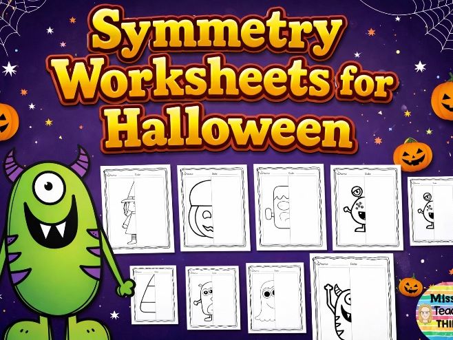 Halloween symmetry (maths) drawing and colouring (art) - 10 worksheets for kids
