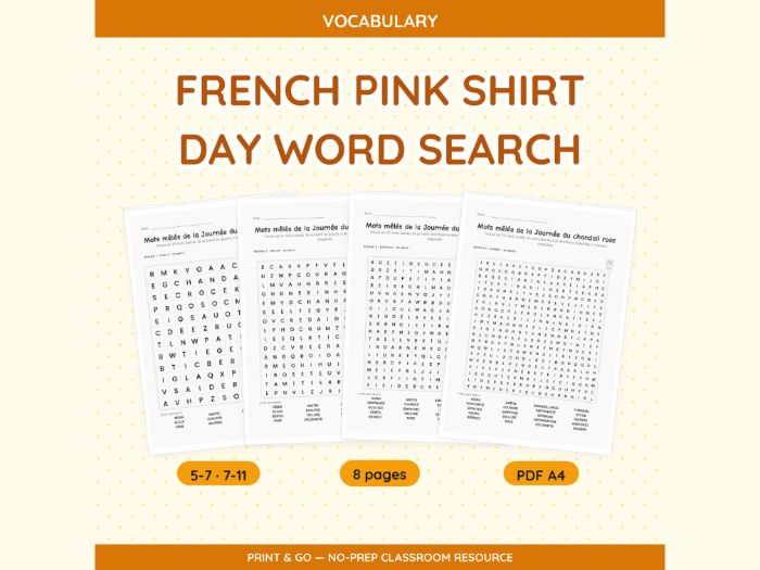 French Pink Shirt Day Word Search | 8 Sheets