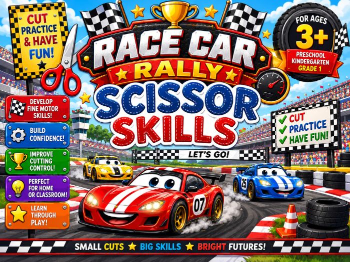 Race Car Scissor Skills Worksheets | Cutting Practice & Fine Motor Activities | Preschool–1st Grade