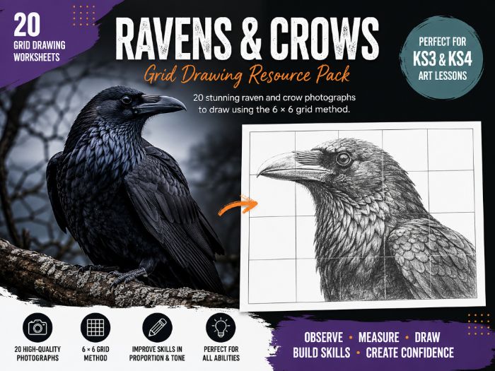 Ravens & Crows Grid Drawing Worksheets | 20 KS3 & KS4 Art Activities | 6x6 Grid Drawing Pack
