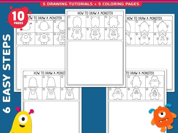 How to Draw a Monster, Halloween Directed Drawing, 6 Step Tutorial + Coloring Pages