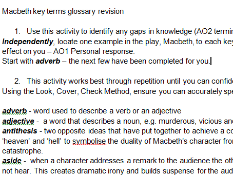 Macbeth Key Terms Glossary Revision