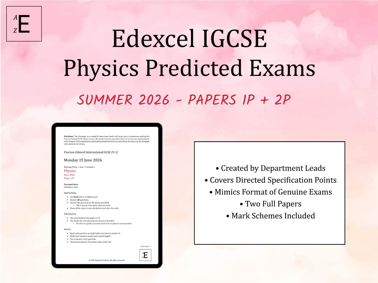 Summer 2026 IGCSE Physics Predicted Exams - Edexcel Papers 1P and 2P