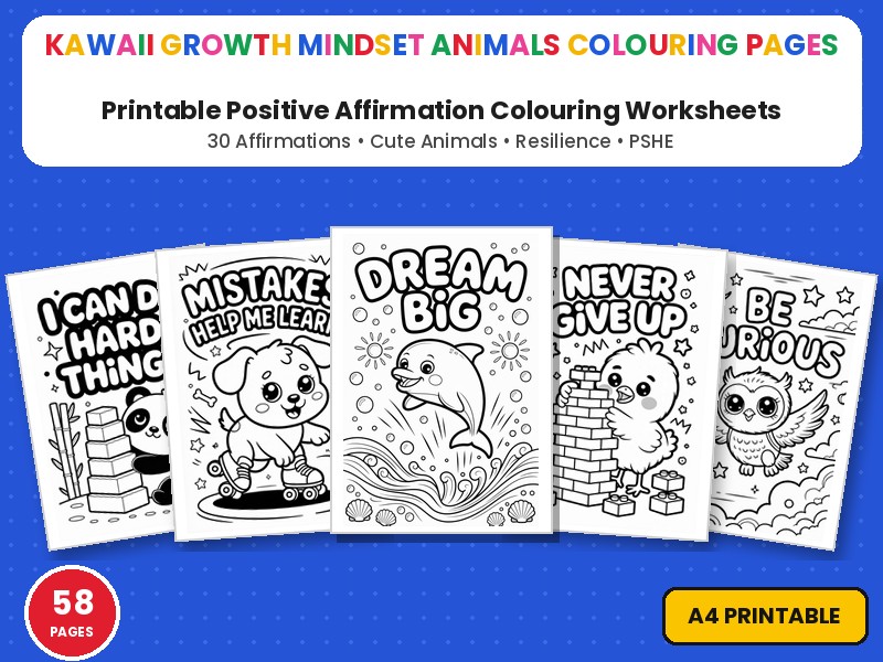Kawaii Growth Mindset Animals Colouring Pages | 30 Affirmations | Printable Colouring Worksheets
