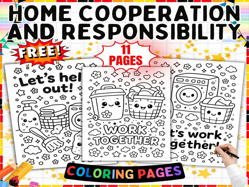 Free Home Cooperation Coloring Pages | 11 Page Coloring Sheets | Family Chores and Helping