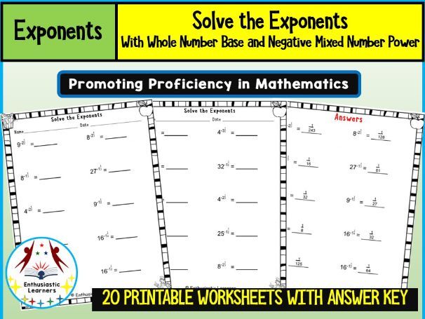 Exponents with Whole Number Bases and Negative Mixed Number Powers Worksheets Math Problems