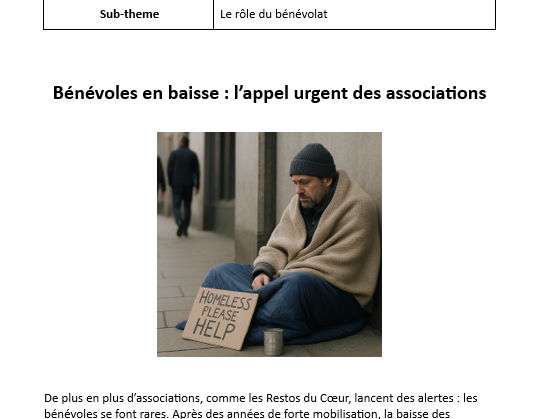 AQA French A Level stimulus card - Bénévoles en baisse : l’appel urgent des associations