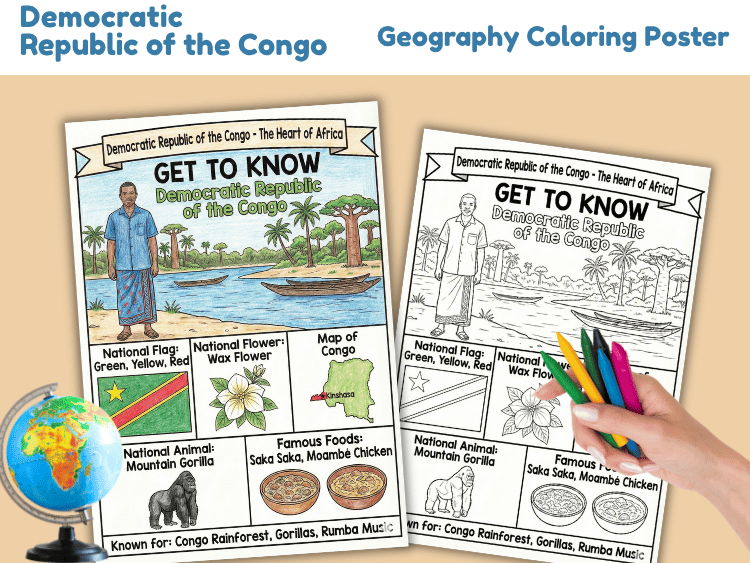 Democratic Republic of the Congo Geography Coloring Poster | Country Study
