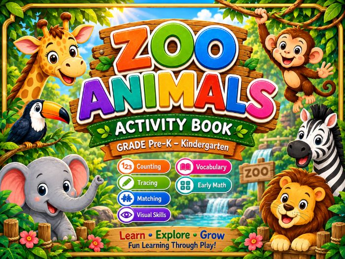 Zoo Animals Activity Book | Pre-K & Kindergarten Math, Tracing, Matching & Vocabulary
