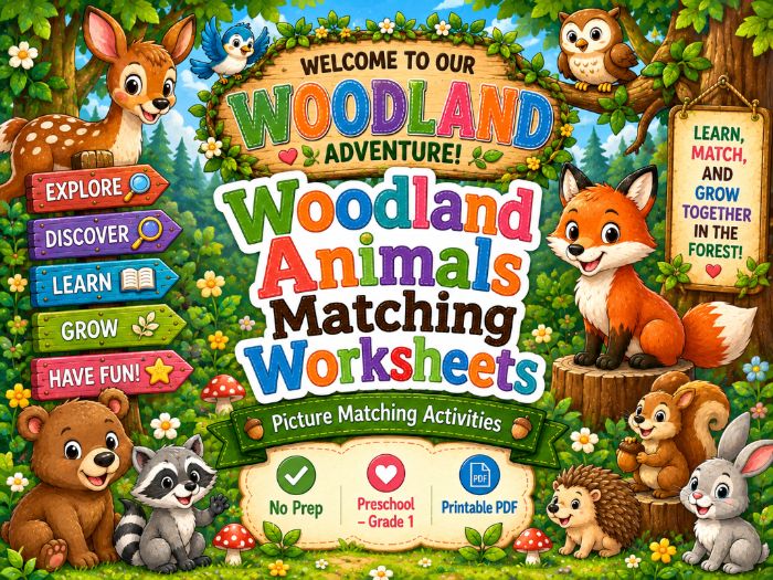 Woodland Animals Matching Worksheets | Preschool Kindergarten Activities | Pre-K–1st Grade