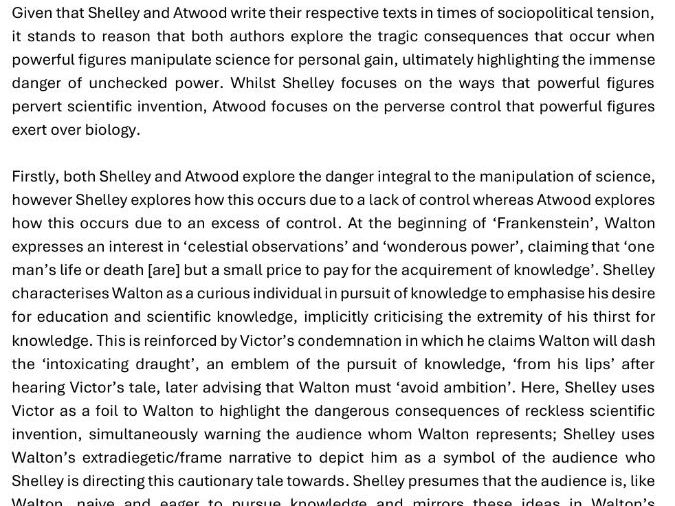 Science in 'Frankenstein' and 'The Handmaid's Tale' - A* Model Essay (Printable PDF)