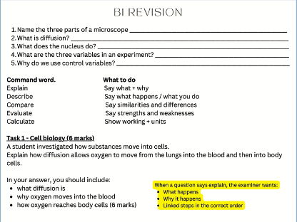 B1 Revision Worksheet/6 Mark Questions/Command Words/With Answers/GCSE/AQA/Combined Science/Biology