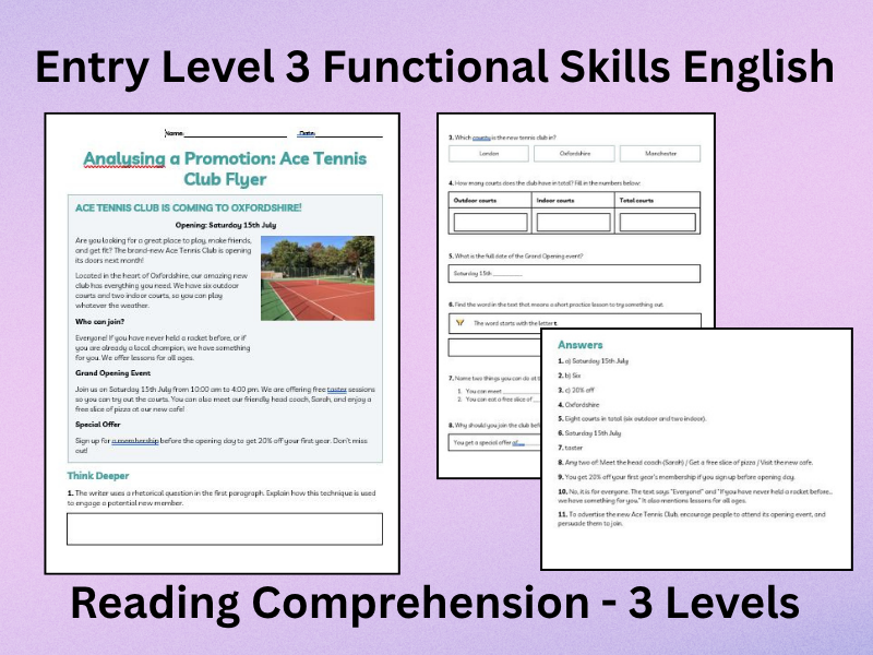 Functional Skills Entry Level 3 Reading Comprehension Tennis Club