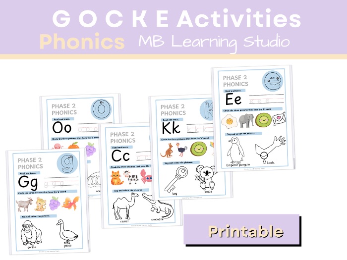Phonics Letter Practice Worksheets – Initial Sounds G, O, C, K, E