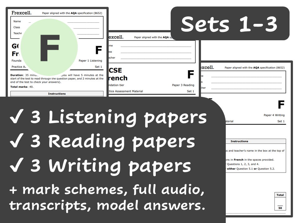AQA GCSE French (2026) – Foundation Practice Paper Pack (Sets 1-3)