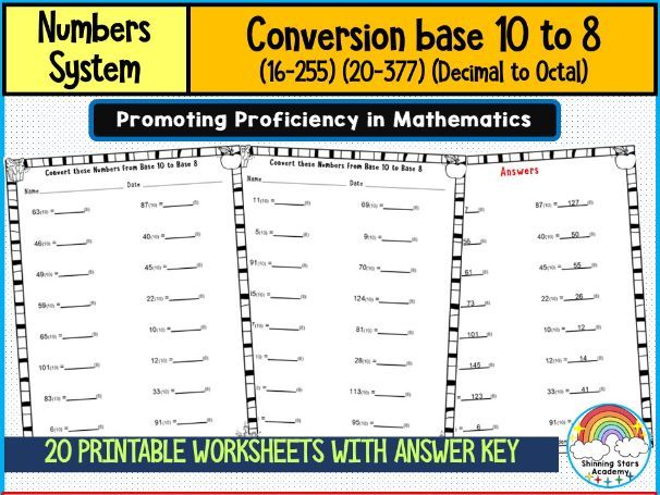 Conversion Base 10 to 8 (16–255) Number System Worksheets | Decimal to Octal Conversion Practice