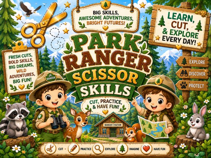 Park Ranger Scissor Skills Worksheets | Cutting Practice Fine Motor Activities | Preschool–1st Grade