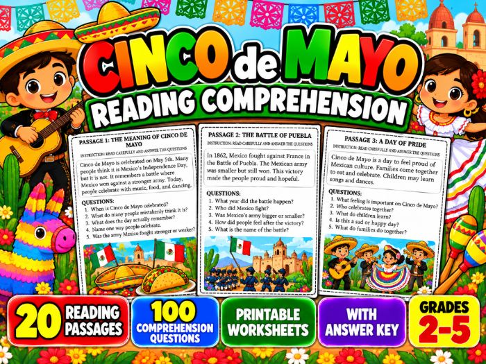 Cinco de Mayo Reading Comprehension | 20 Passages with Answer Key