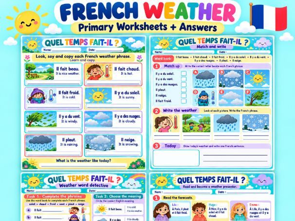 French Weather Worksheets + Answers | Quel temps fait-il ? | Primary French