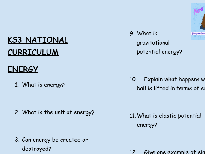 KS3 Physics: Energy – 30 Question Retrieval Worksheet
