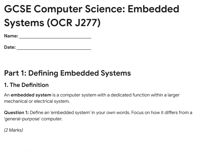 GCSE Computer Science - Embedded Systems Worksheet