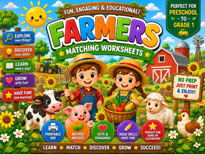 Farm Matching Worksheets | Preschool Kindergarten 1st Grade Math & Literacy Activities