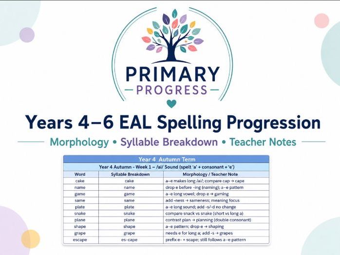 Years 4-6 EAL Spelling Progression: Morphology, Syllable Breakdown & Teacher Notes
