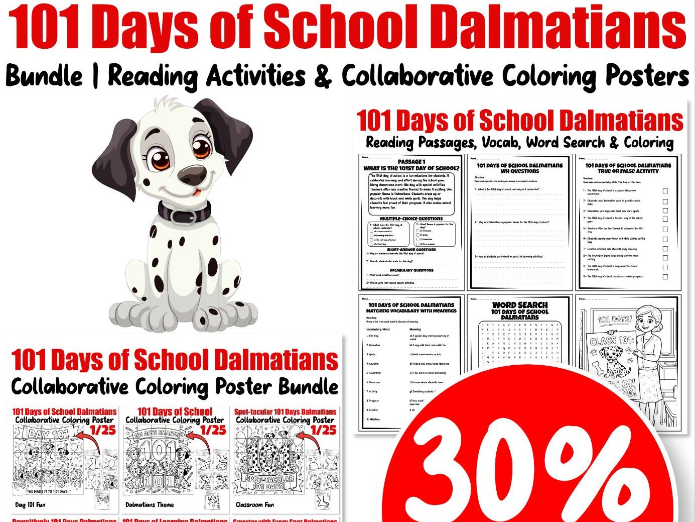101 Days of School Dalmatians Bundle | Reading Activities & Posters