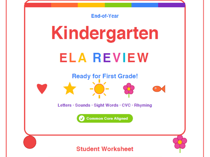 End of Year ELA Review Worksheets & Games for Kindergarten