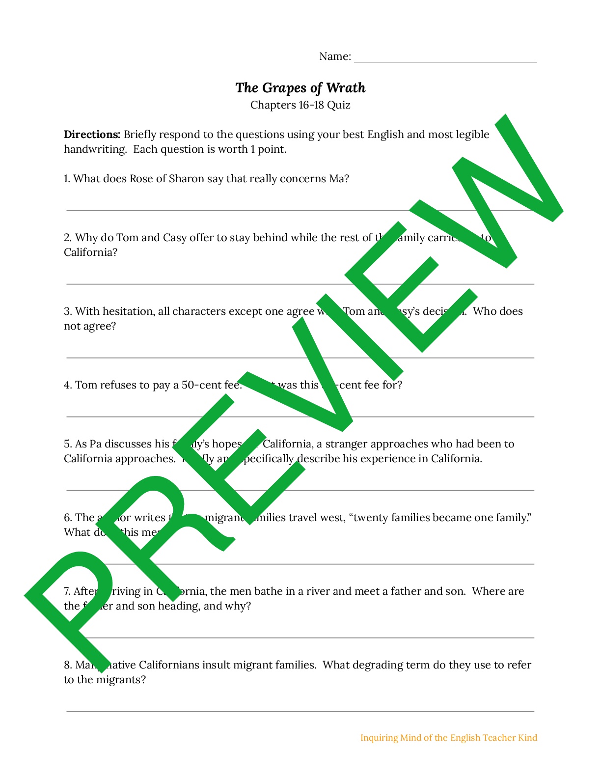 The Grapes of Wrath Quiz on Chapters 1618 Teaching Resources