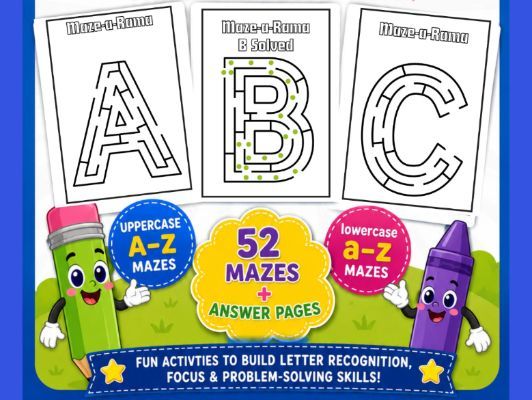Alphabet Letter Mazes A–Z | Uppercase & Lowercase Letter Recognition Worksheets