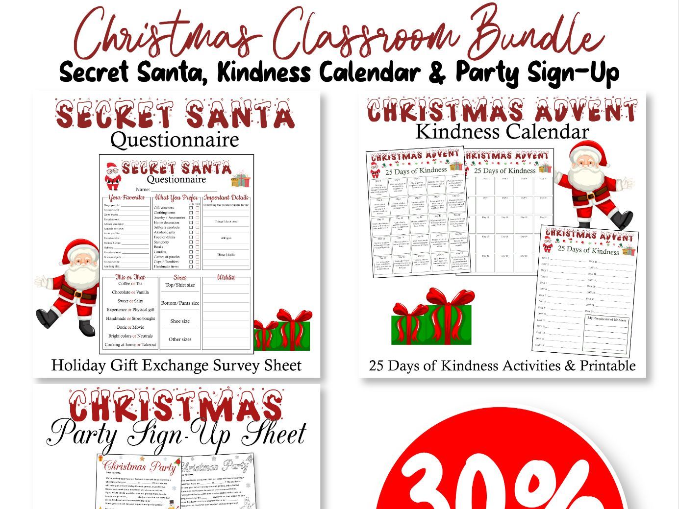 Christmas Classroom Bundle: Secret Santa, Kindness Calendar & Party Sign-Up